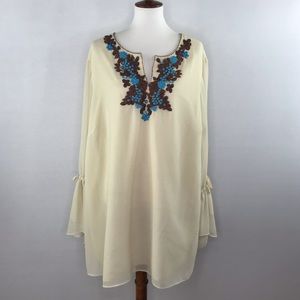 Roman's Ivory Flowy Copper & Turquoise Beaded Long Sleeve Blouse Size 26W